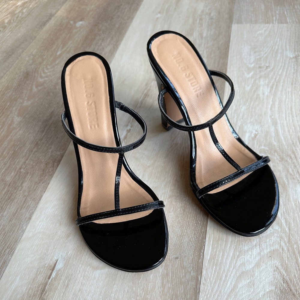 No 6 Store Black Patent Leather Skinny T Strap Heels Sandals 6
